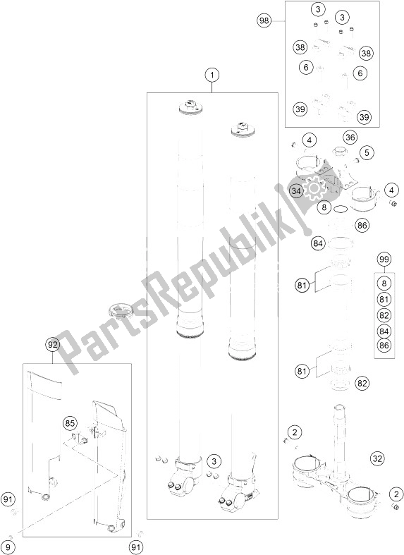 All parts for the Front Fork, Triple Clamp of the KTM 350 XCF W SIX Days USA 2015