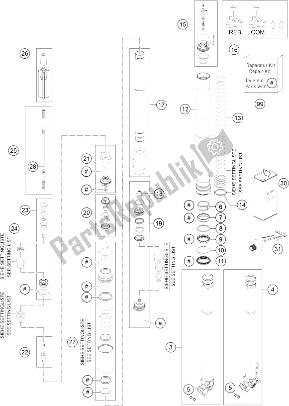 Tutte le parti per il Forcella Anteriore Smontata del KTM 250 SX F USA 2016