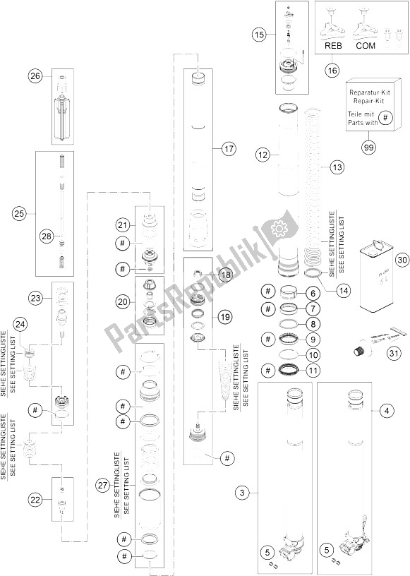 All parts for the Front Fork Disassembled of the KTM 350 XC F USA 2016