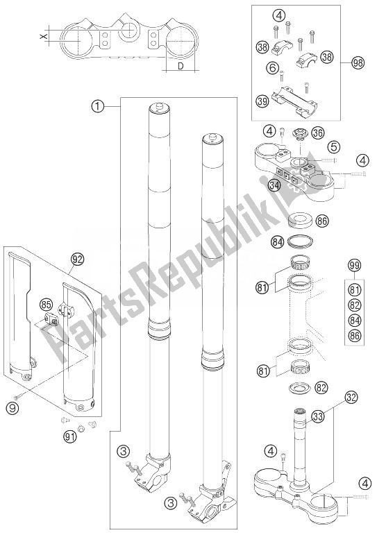 All parts for the Front Fork of the KTM 400 EXC Racing Europe 2007