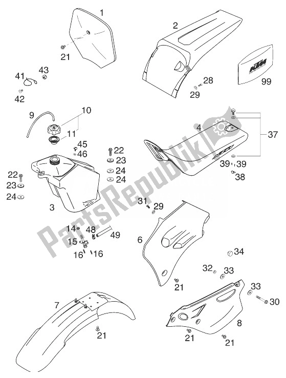 All parts for the Tank - Seat - Cover 60 ' of the KTM 60 SX Europe 1999