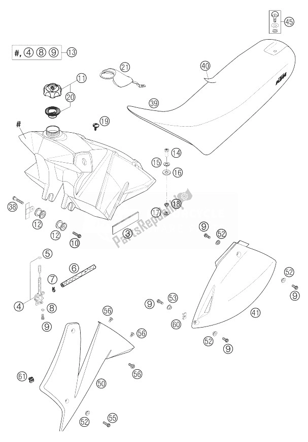 All parts for the Fuel Tank, Seat, Cover of the KTM 625 SMC Europe 2004