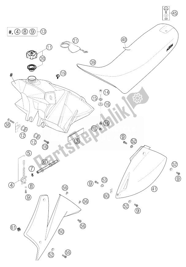 All parts for the Fuel Tank, Seat, Cover of the KTM 625 SMC USA 2004