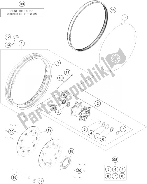 All parts for the Front Wheel of the KTM 1190 Adventure ABS Orange USA 2014