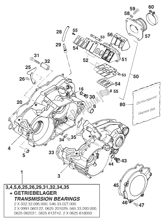 All parts for the Crankcase 250/300/360 '96 of the KTM 300 EGS M ö 12 KW 13 LT Australia 1997