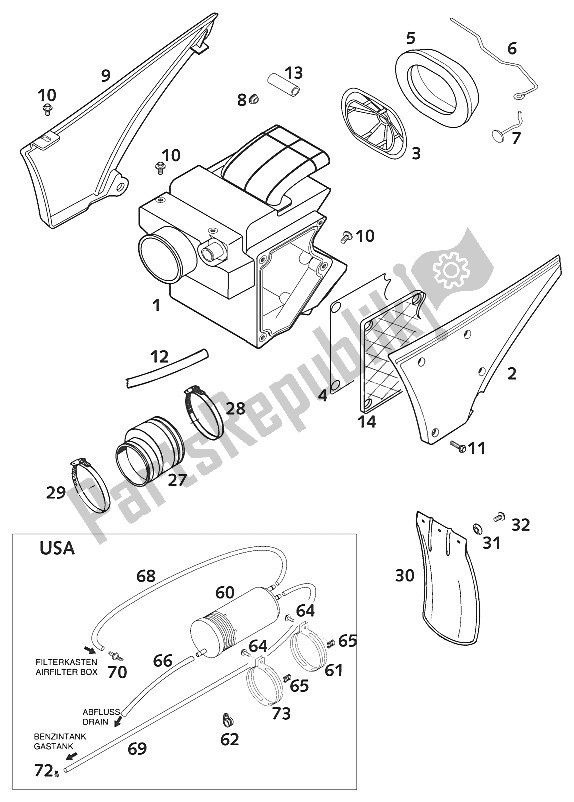 Toutes les pièces pour le Boîtier De Filtre à Air 400/640 Lc4 du KTM 640 LC 4 USA 2001