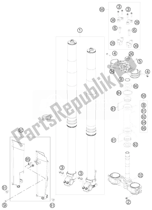 All parts for the Front Fork, Triple Clamp of the KTM 150 SX USA 2010