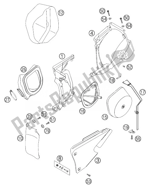 All parts for the Airfilter Box 125-300 of the KTM 200 EXC Australia 2003