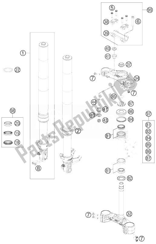 Alle onderdelen voor de Voorvork, Drievoudige Klem van de KTM 690 Duke White ABS USA 2013