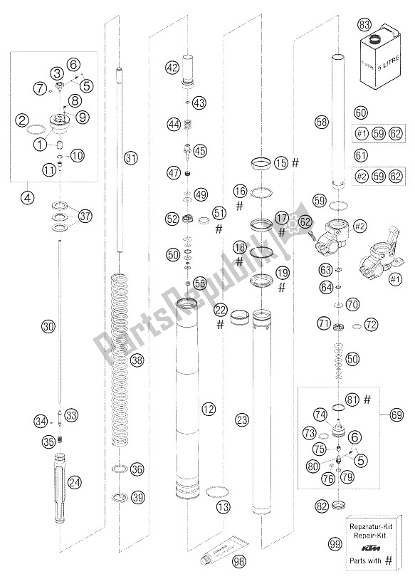 Toutes les pièces pour le Pattes Avant - Suspension Wp Usd 48 250-525 du KTM 400 EXC Racing Europe 2005