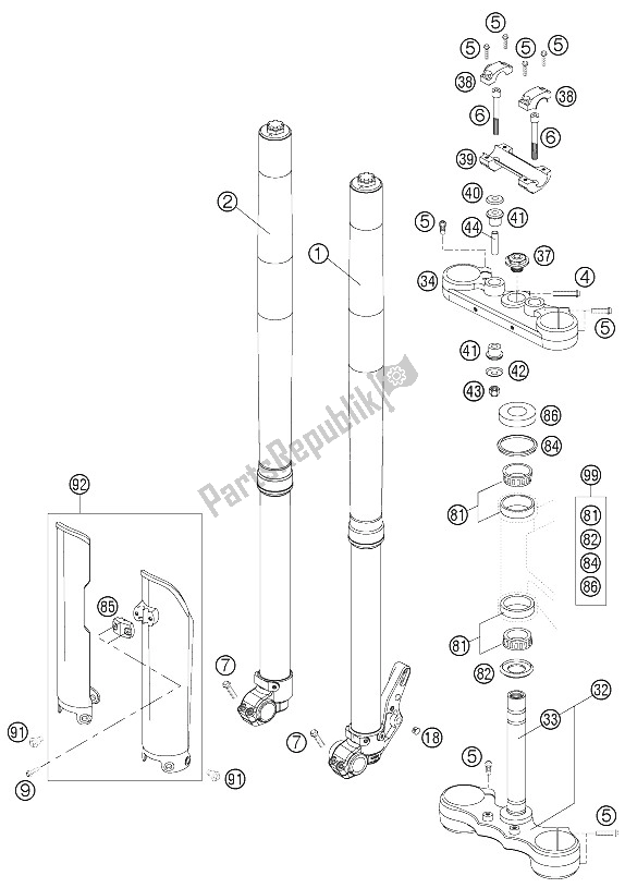 All parts for the Front Fork of the KTM 625 SMC Australia United Kingdom 2006