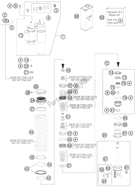 All parts for the Shock Absorber Disassembled of the KTM 250 EXC F Australia 2014