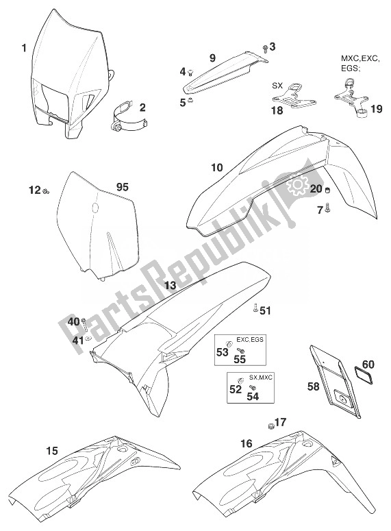 All parts for the Fenders 125-200 '2000 of the KTM 125 EXC 99 Europe 1999