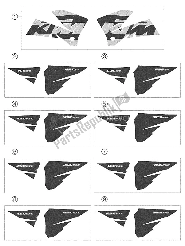 All parts for the Decal 250-525 Racing of the KTM 400 EXC G Racing USA 2005