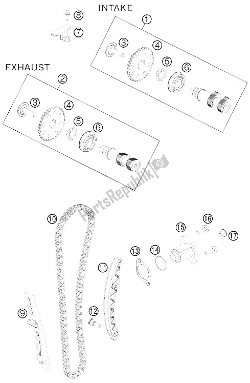 Alle onderdelen voor de Timing Aandrijving van de KTM 125 Duke Grey Europe 8026L5 2012