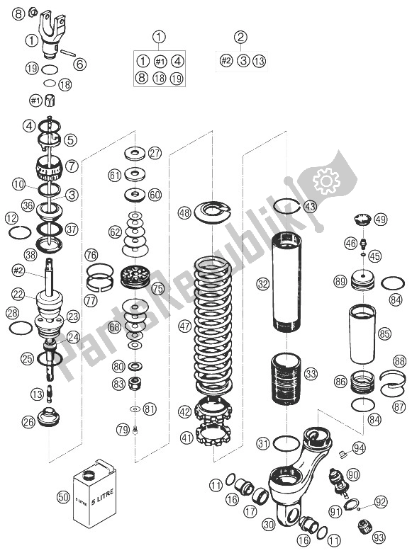 All parts for the Shock Absorber Disassembled of the KTM 640 Adventure Australia United Kingdom 2007