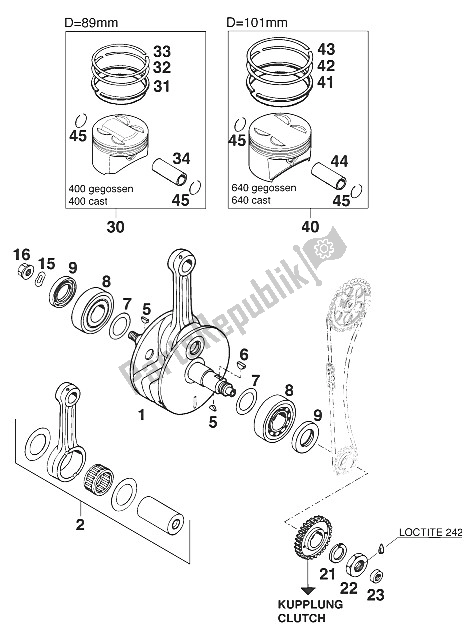 All parts for the Crankshaft - Piston 400/620 ' of the KTM 620 SC Australia 2000