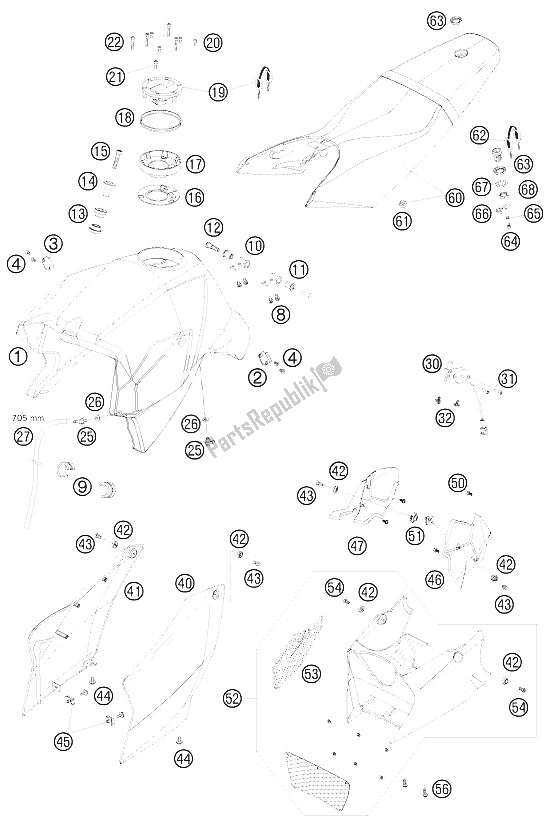 Toutes les pièces pour le Réservoir, Siège, Couverture du KTM 990 Super Duke Black USA 2008