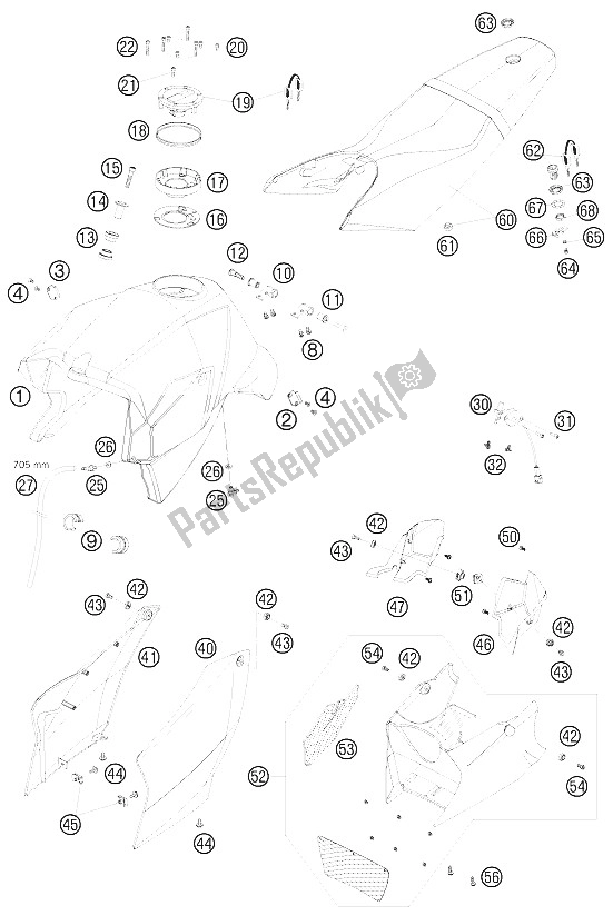 Toutes les pièces pour le Réservoir, Siège, Couverture du KTM 990 Super Duke Orange France 2009