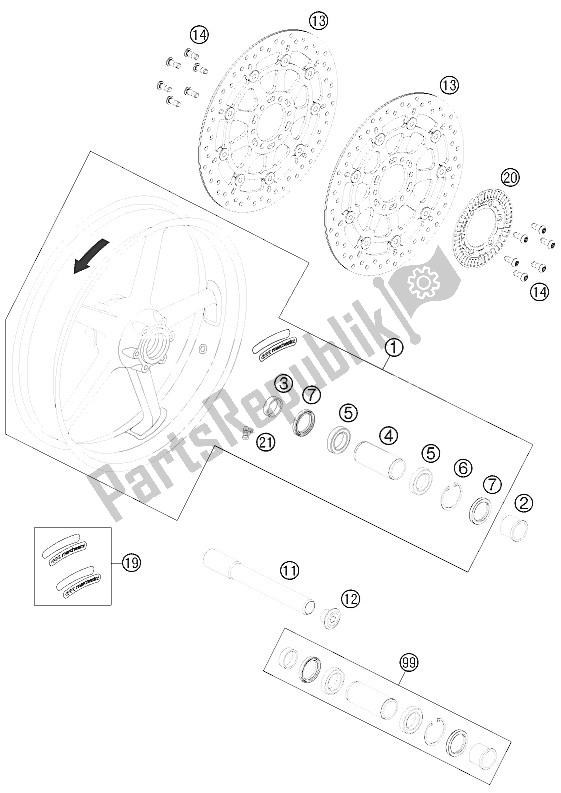 All parts for the Front Wheel of the KTM 990 Superm T Orange ABS Australia United Kingdom 2012