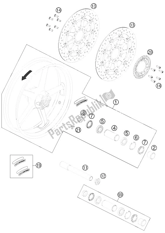 All parts for the Front Wheel of the KTM 990 Superm T White ABS Australia United Kingdom 2012