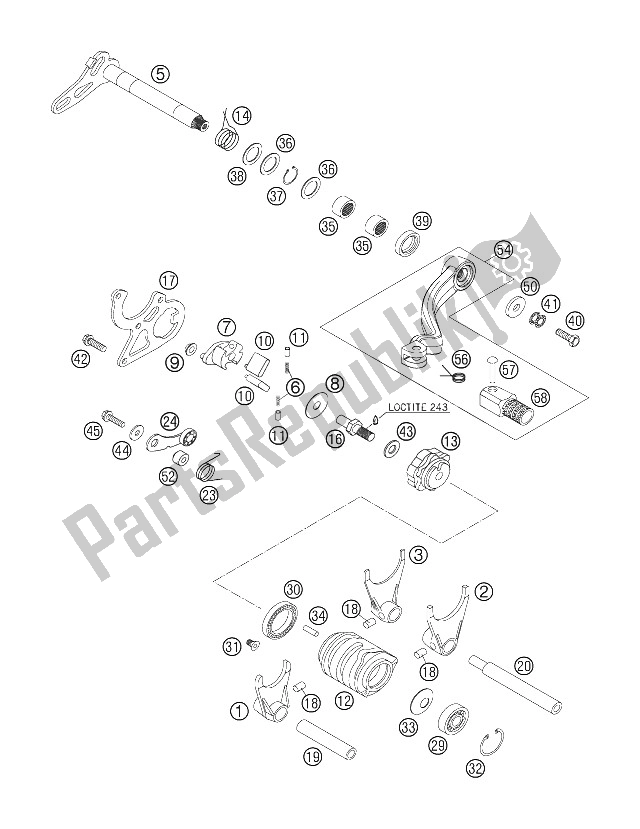 All parts for the Shifting Mechanism of the KTM 200 EXC Europe 2006