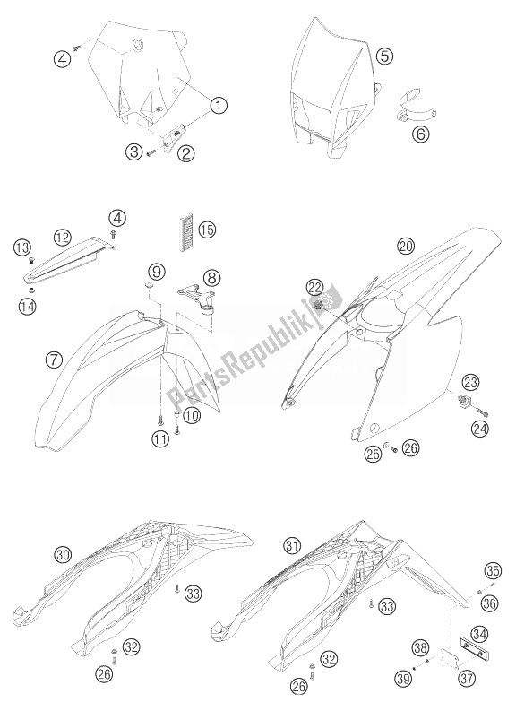 All parts for the Mask, Fenders 125/200 of the KTM 125 EXC SIX Days Europe 2004