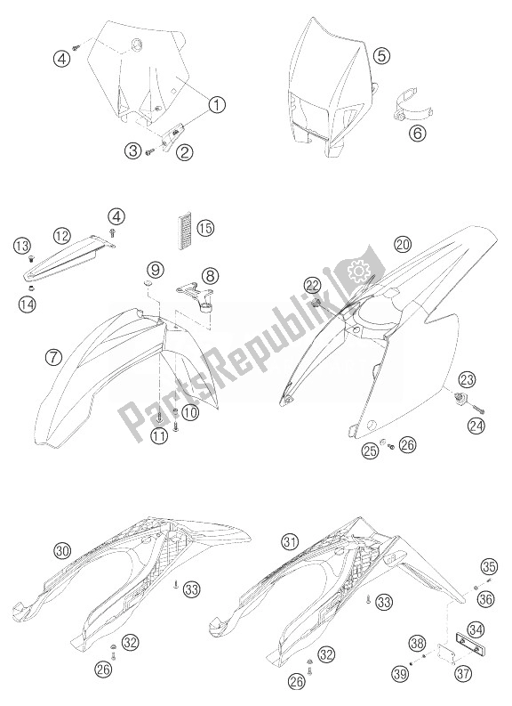 All parts for the Mask, Fender Racing of the KTM 250 EXC Racing Europe 2004