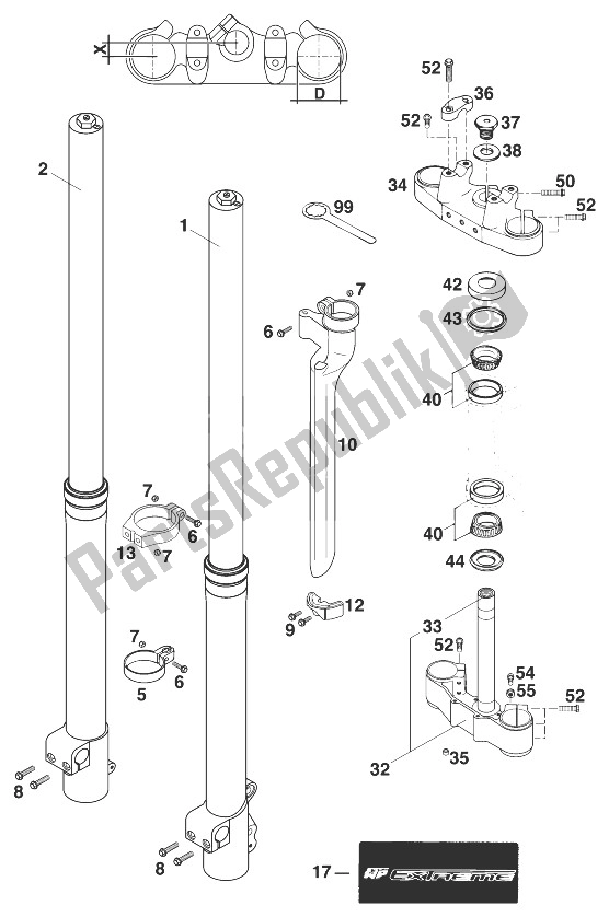 All parts for the Front Fork - Steering Stem Wp50 Extreme 250-380 of the KTM 250 SX 99 USA 1999