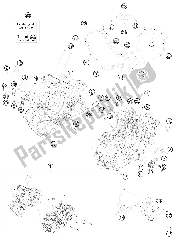 All parts for the Engine Case of the KTM 1190 RC 8 Orange Japan 2009