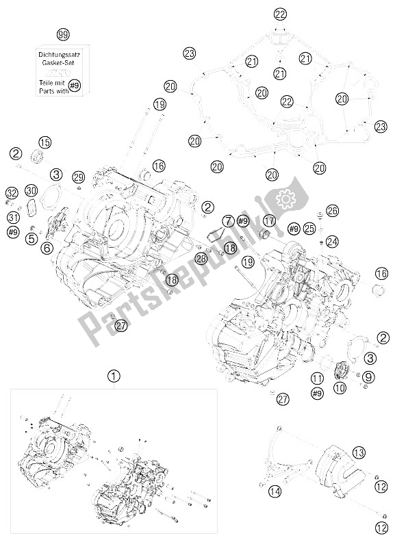 All parts for the Engine Case of the KTM 1190 RC8R Track Europe 2011
