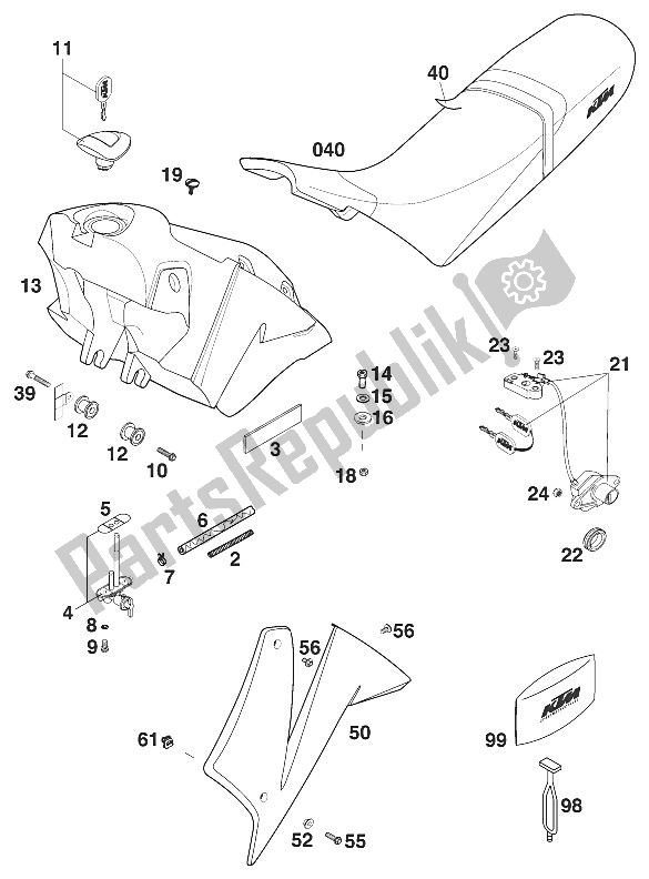 Tutte le parti per il Serbatoio - Sedile - Coperchio Duke Ii ' del KTM 640 Duke II Lime USA 2000