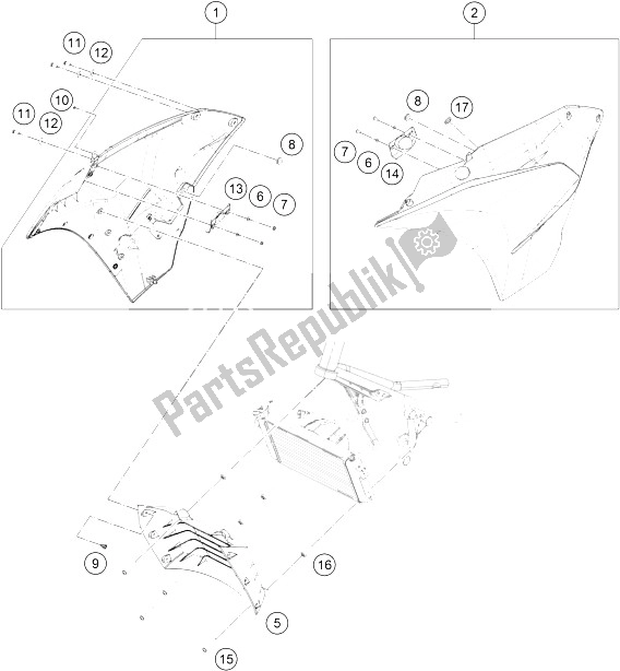 Todas las partes para Cubiertas Laterales de KTM RC 200 White W O ABS CKD 16 Argentina 2016