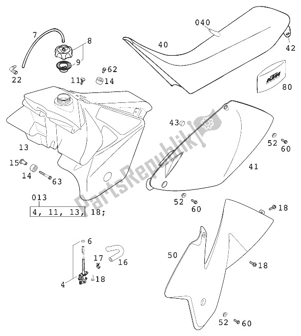 Tutte le parti per il Serbatoio Carburante, Sedile, Rivestimento Rac. Del KTM 400 EXC Racing Europe 2001