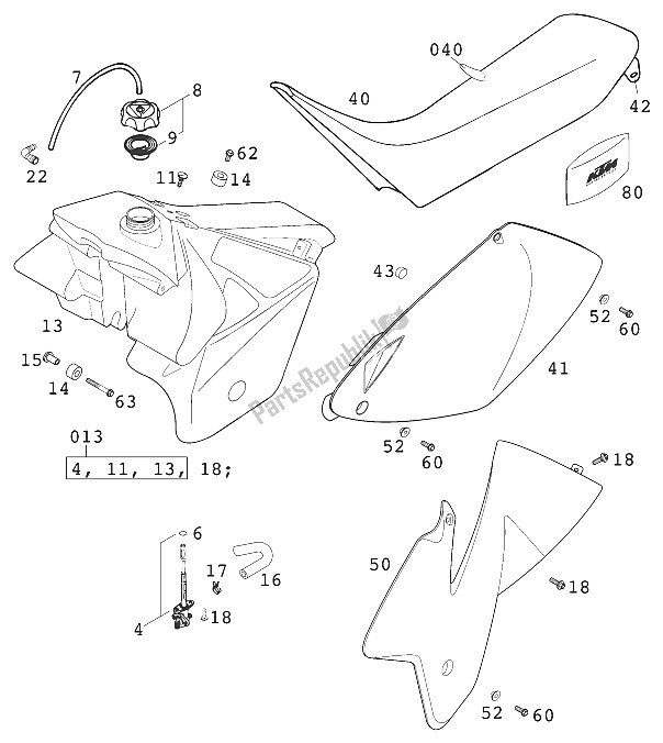 Alle onderdelen voor de Brandstoftank, Stoel, Bekleding Rac. Van de KTM 520 EXC Racing USA 2001