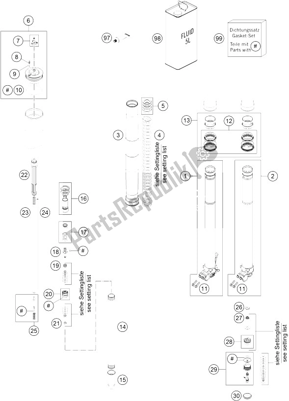 All parts for the Front Fork Disassembled of the KTM 125 EXC Europe 2016