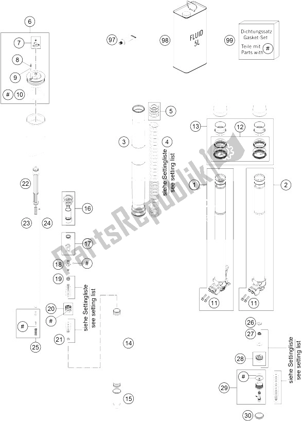 All parts for the Front Fork Disassembled of the KTM 250 XC W USA 2016