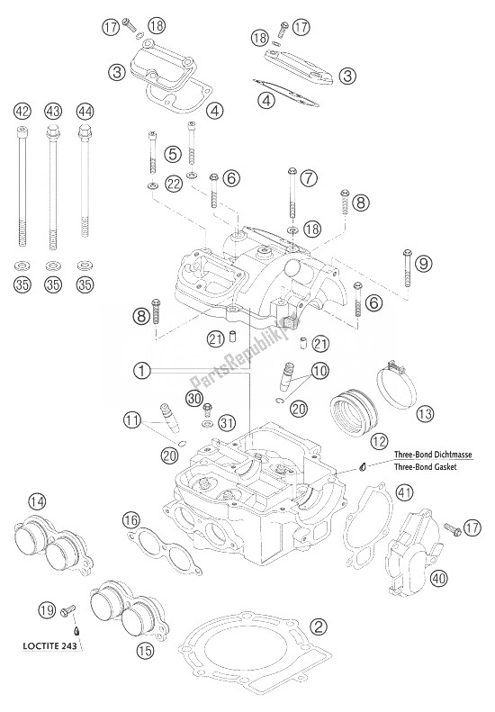 All parts for the Cylinder Head of the KTM 250 EXC Racing Europe 2004