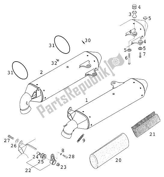 Tutte le parti per il Silenziatore Duke 2000 del KTM 640 Duke II Europe 2000