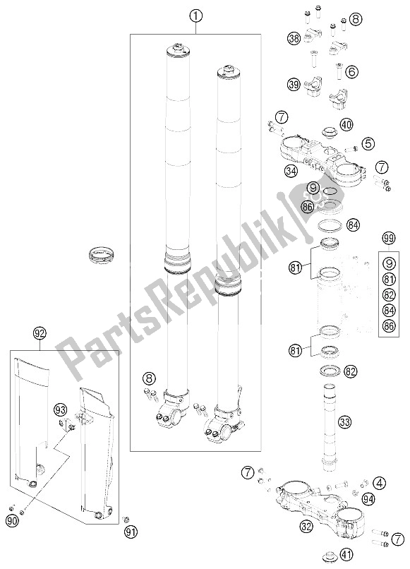 All parts for the Front Fork, Triple Clamp of the KTM 690 Enduro R Australia United Kingdom 2012