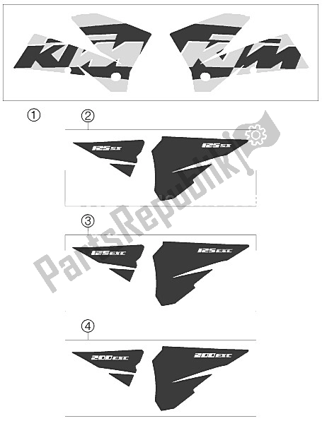 Todas las partes para Etiqueta de KTM 200 EXC USA 2005