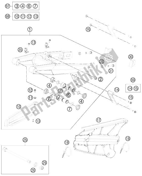 All parts for the Swing Arm of the KTM 65 SX Europe 2012