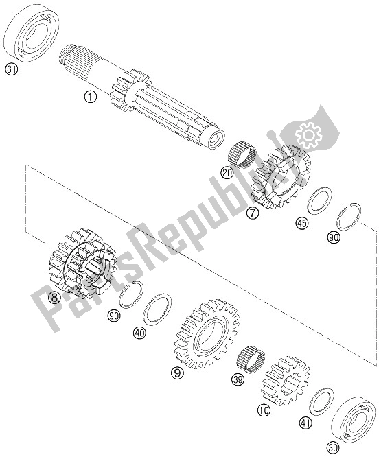 All parts for the Transmission I - Main Shaft of the KTM 250 EXC F Australia 2008