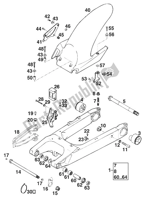 All parts for the Schwingarm, Kotfl? Gel Duke '97 of the KTM 620 Duke E USA 1997