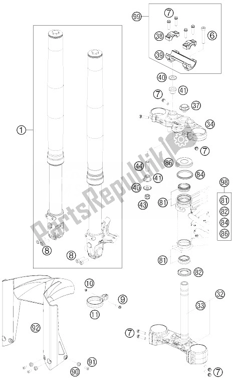 All parts for the Front Fork, Triple Clamp of the KTM 690 Supermoto Black Europe 2007