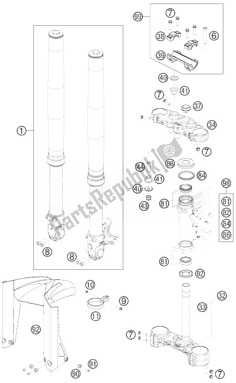 All parts for the Front Fork, Triple Clamp of the KTM 690 Supermoto Orange Australia United Kingdom 2007