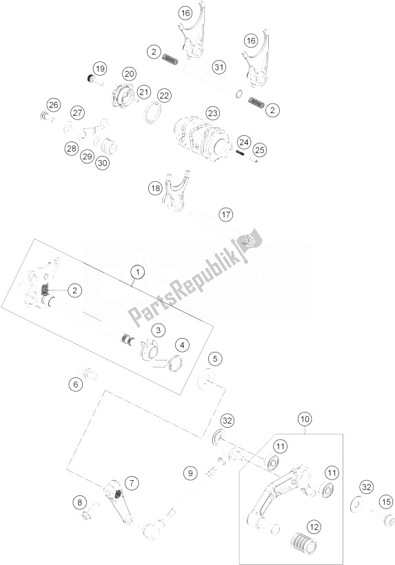 All parts for the Shifting Mechanism of the KTM 390 Duke White ABS BAJ DIR 13 Europe 2013