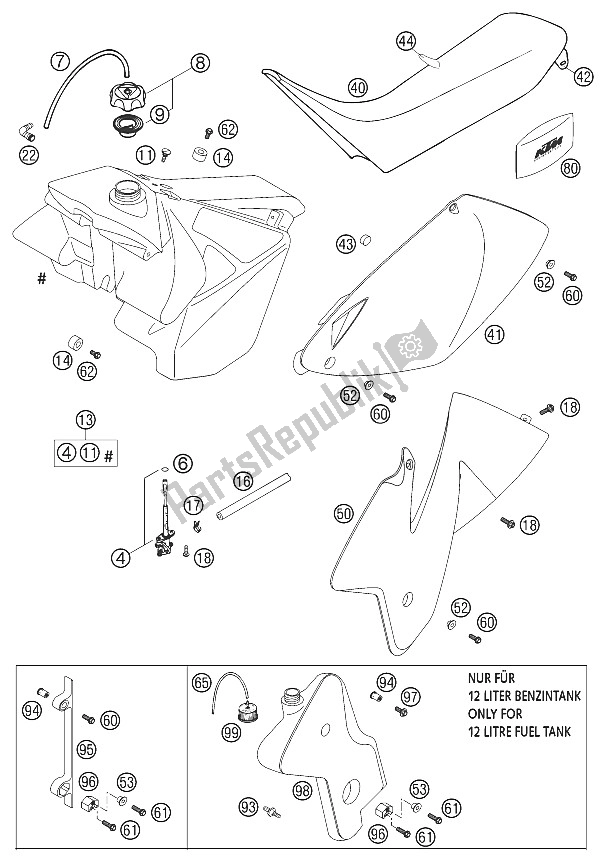 Tutte le parti per il Serbatoio, Sedile, Coperchio 2t Exc / Mxc del KTM 125 EXC Australia 2002