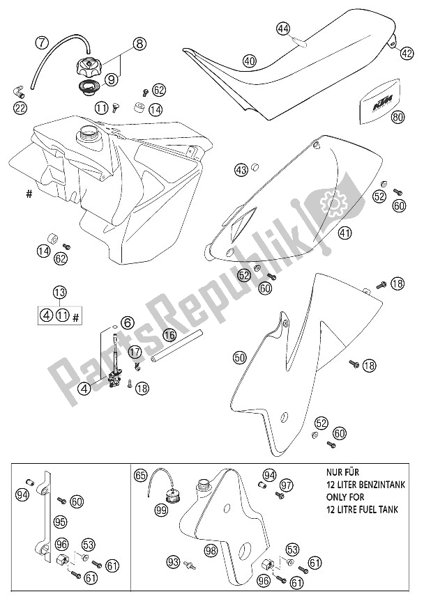 Tutte le parti per il Serbatoio, Sedile, Coperchio 2t Exc / Mxc del KTM 125 EXC Europe 2002