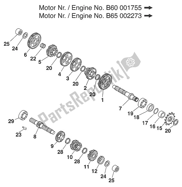 Todas as partes de Caixa De Velocidades 60/65 Ccm Ii 2000 do KTM 65 SX Europe 600116 2001